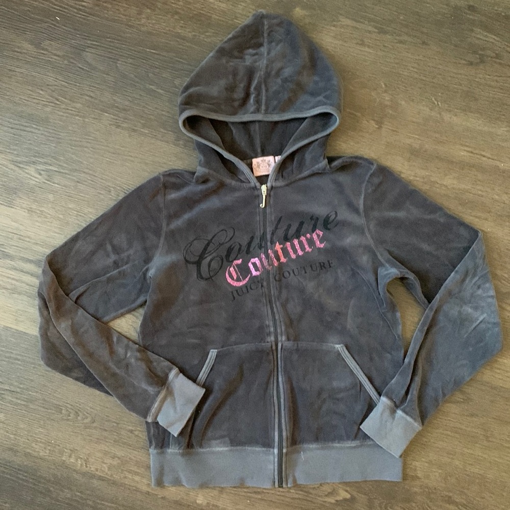 Juicy Couture Charcoal Velour Zip Hoodie with Pink Script